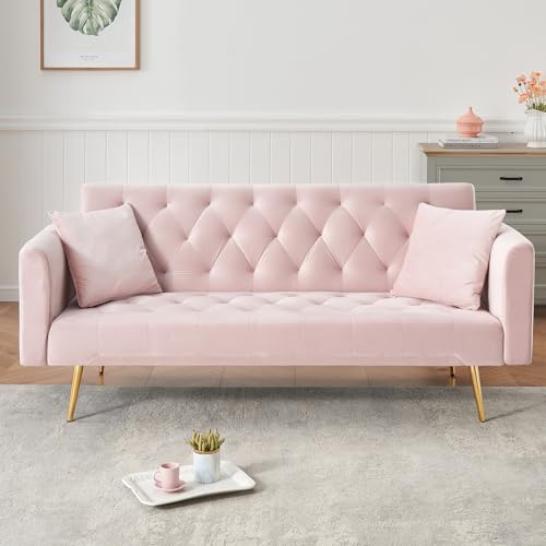71" Modern Velvet Sofa Bed Futon, Convertible Sleeper Couch, Adj. Backrest | Tufted Recliner Loveseat Design with Golden Chrome Legs & 2 Pillows, Perfect for Small Spaces, Living Room, Apartment - color: Pink