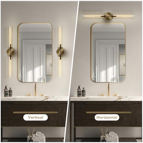Brass Wall Sconces, 30in Gold 2-Light Double Glass Sconces Wall Lighting, Bathroom Knurled Vanity Light Sconces, Wall Lights for Living Room Bedroom（Including Bulb） - color: Brass- 30 inch-2 Pack, size: 2 Pack