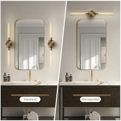 Brass Wall Sconces, 30in Gold 2-Light Double Glass Sconces Wall Lighting, Bathroom Knurled Vanity Light Sconces, Wall Lights for Living Room Bedroom（Including Bulb） - color: Brass- 30 inch-2 Pack, size: 2 Pack