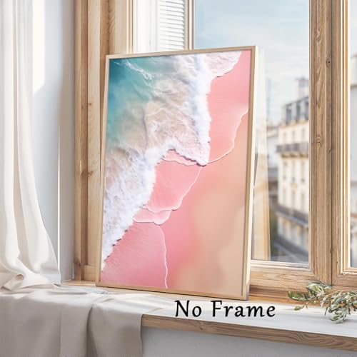 Pink Blue Beach Canvas Wall Art Coastal Themed Beach Landscape Painting Sea Coast Wall Art Pink Coastal Aesthetic Prints Ocean Pink Artwork Sea Preppy Pictures Ocean Waves Poster 16x24inch No Frame - color: A2Unframed