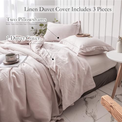 Simple&Opulence 100% Washed Linen Duvet Cover Set with Embroidered,3 Pieces Soft Farmhouse Comforter Set with Button Closure,1 Duvet Cover and 2 Pillowshams(Full,Dusty Pink) - color: Embroidery Dusty Pink, size: Full