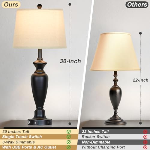 Cinyirong 30" Tall Table Lamps Set of 2, Touch Control Bedside Lamp with USB A+C Ports and AC Outlet, 3-Way Dimmable Modern Metal Nightstand Lamp for Bedroom Living Room, 2 LED Bulbs Included, Black - color: Black (2 Pack)