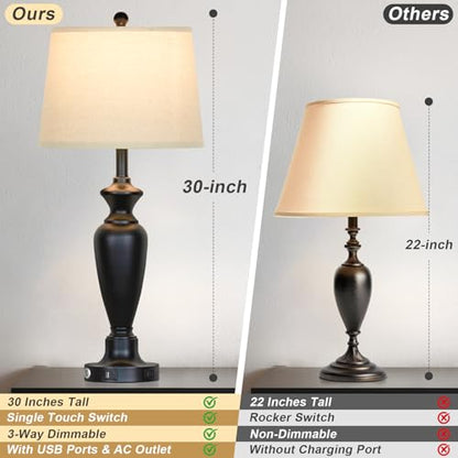 Cinyirong 30" Tall Table Lamps Set of 2, Touch Control Bedside Lamp with USB A+C Ports and AC Outlet, 3-Way Dimmable Modern Metal Nightstand Lamp for Bedroom Living Room, 2 LED Bulbs Included, Black - color: Black (2 Pack)