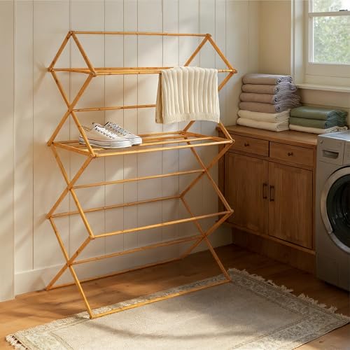 Household Essentials Bamboo Oversized Clothes Drying Folding Rack, Upscale Laundry Rack with 11 Dowels, Environmentally Friendly, Stable Frame, Shelf for Drying Flat, Natural - color: Natural