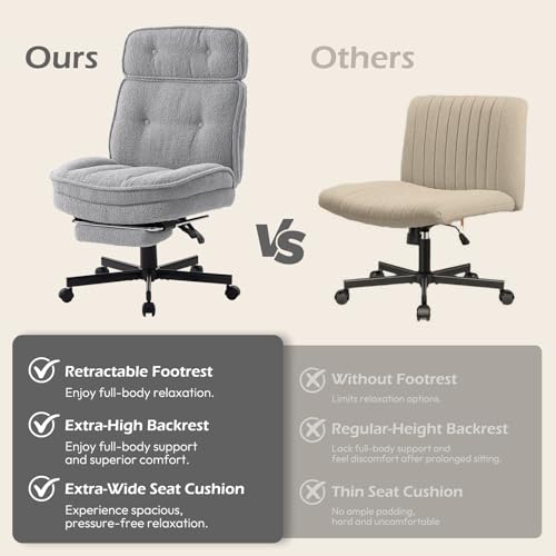 Criss Cross Chair with Wheels - Home Office Desk Chairs with Foot Rest, Morden Comfy Swivel Makeup Chair for Vanity, Ergonomic Cross Legged Office Chair with High Back & Wide Seat, Grey - color: Grey