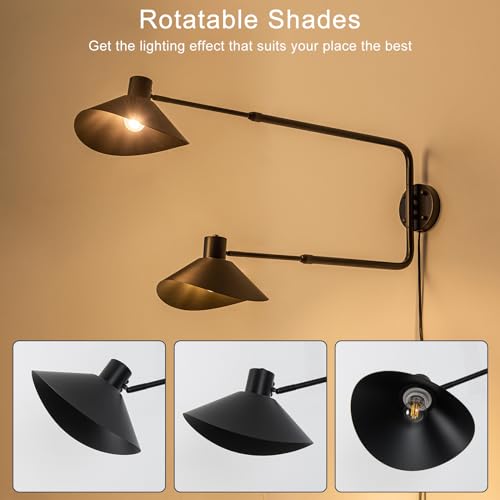 Big 2-Light Plug in Wall Sconce, Adjustable Swing Arms Wall Light Fixture for Living Room Bedroom Bedside Wall Light Adjustable Swivel Arms Length 22” to 58” - color: A-Black