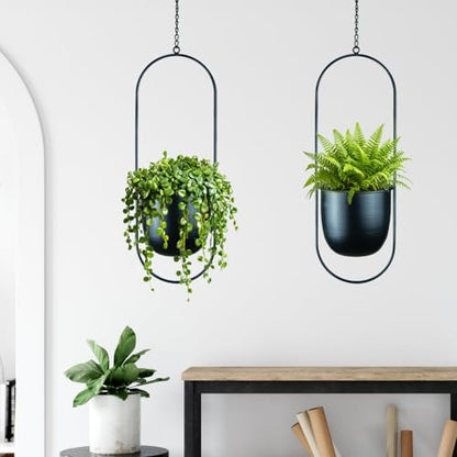 Modern Metal Hanging Planters with 6 Inch Pots and Sturdy Rods - Set of 2 Oval Geometric Plant Hangers - Black Wall and Ceiling Mount Flower Holders for Indoor and Houseplants - size: OVAL-6 INCH POT