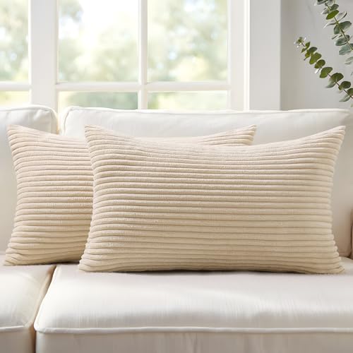 Mecatny Corduroy 가을 장식용 쿠션 커버 30.5x50.8cm(12x20인치) 베이지 2개 | 부드러운 스트라이프 질감, 숨겨진 지퍼 디자인, 중립 보헤미안 요추 베개 커버, 소파 소파 거실 침실, 홈 데코용 - color: 베이지., size: 20" x 12" (Pack of 2)