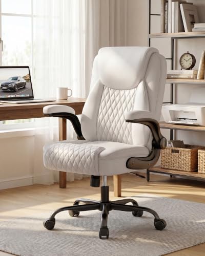 COMHOMA Mid-Back Office Chair, Ergonomic PU Desk Chair with Flip up Arms, Small Computer Gaming with Comfy Lumbar Support,Rocking Function,Sturdy Metal Base, White - color: White