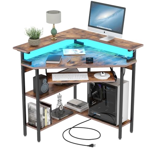 Triangle Corner Desk with Charging Station and LED Light for Small Space | Corner Desk with Monitor Stand & Keyboard Tray, Gaming Computer Desk with Storage Shelves for Home Office (Rustic) - color: Rustic Plus