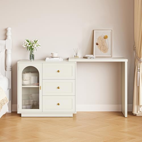 FansaFurn 59" L-Shaped Vanity Desk for Bedroom | 3 Drawer & 1 Door, Extendable Corner Makeup Vanity Table, Large Wood Vanity Dresser for Women Girl, White - color: White, size: 59”
