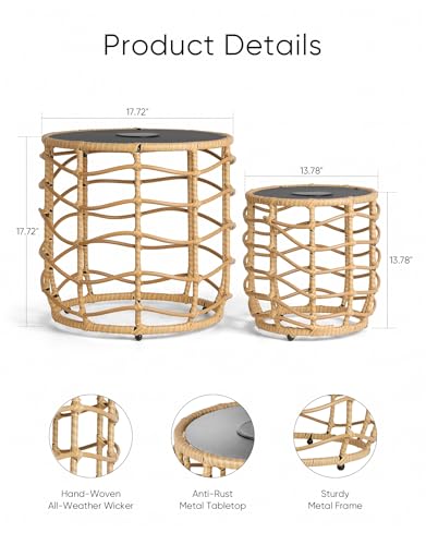 Boho Solar Outdoor Side Table with Built-in Lights Set of 2, All-Weather Wicker Nesting Tables, Round Waterproof Accent End Table Design for Patio, Porch, Garden & Balcony, Natural Brown - color: Natural Brown