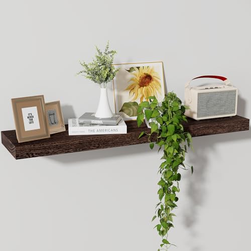 Floating Shelves, 8 Inch Deep Rustic Solid Wood Wall Shelves for Storage, Wall Mounted Display Shelving with Invisible Heavy-Duty Metal Bracket, 36" W x 8" D x 1.6" H, Rustic Brown - color: Rustic Brown, size: 36" W, 1-Pack
