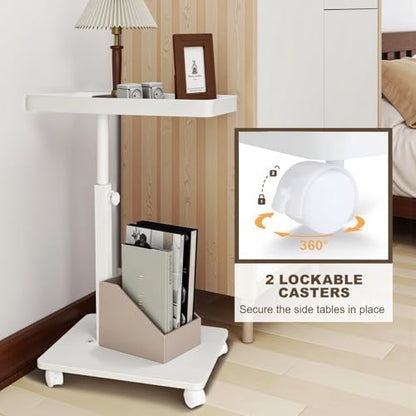 YYW Adjustable C-Shaped End Table with Removable Wheels & Convertible Base - 360° Swivel Height-Adjustable (17.7"-31.5") Sofa/Bedside Table, Minimalist Solid Colors for Modern Spaces (White) | Removable Wheels, 360° Swivel, Convertible Base, Minimalist So