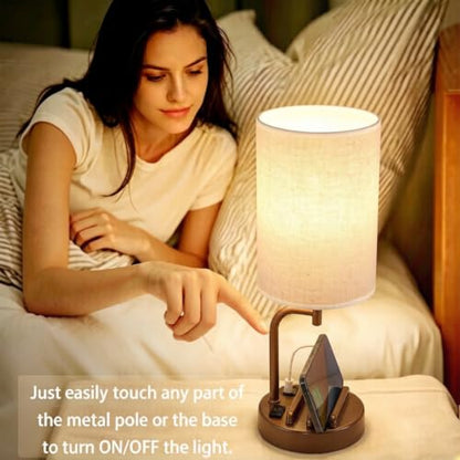 Dreamholder Touch Control USB Table Lamp with USB C/A & AC Outlet, 3-Way Dimmable Bedside Lamp, Modern Nightstand Lamps for Bedroom Living Room Guest Room Office, Bulb Included, Brown - color: Brown