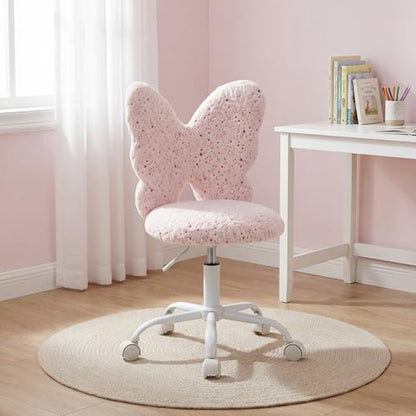 chairus Kids Desk Chair Butterfly Faux Fur Study Chair for Teenage Girls Adjustable Kids Vanity Chair for Bedroom Reading Living Room, Small Cute Student Task Chair with White Foot, Baby Pink - color: Butterfly, Pink