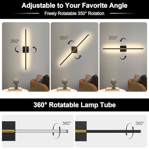 Wall Sconces Set of Two with Remote Control 29.1 in Dimmable Black Gold Battery Operated Wall Lights 350° Ratation 3000K-6000K LED Wireless Rechargeable Sconce for Bathroom Living Room Bedroom - color: Black & Gold, size: 29.1in(2 Pack)