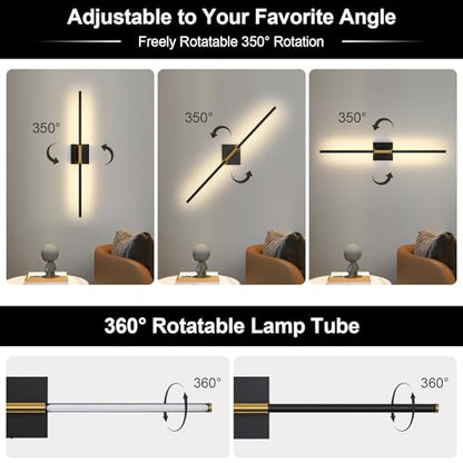 Wall Sconces Set of Two with Remote Control 29.1 in Dimmable Black Gold Battery Operated Wall Lights 350° Ratation 3000K-6000K LED Wireless Rechargeable Sconce for Bathroom Living Room Bedroom - color: Black & Gold, size: 29.1in(2 Pack)