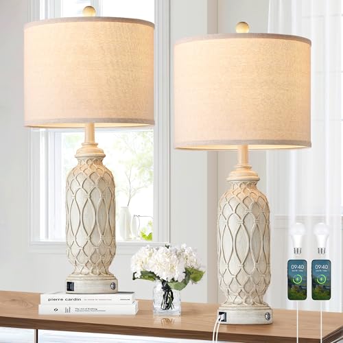28" Table Lamps for Living Room Set of 2, Farmhouse Lamps for Bedroom with USB Ports, 3-Way Dimmable Nightstand Table Lamp (Bulbs Included) - color: 2.Beige