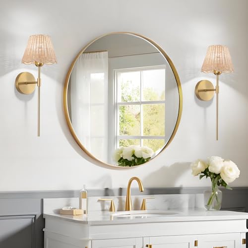 Battery Operated Wall Sconces Set of 2, Rattan Shade Wireless Wall Sconces, RGB Rechargeable Dimmable, Gold Boho Wall Sconce for Bedroom, Living Room, Hallway Bulbs Included - color: Gold 19.6in
