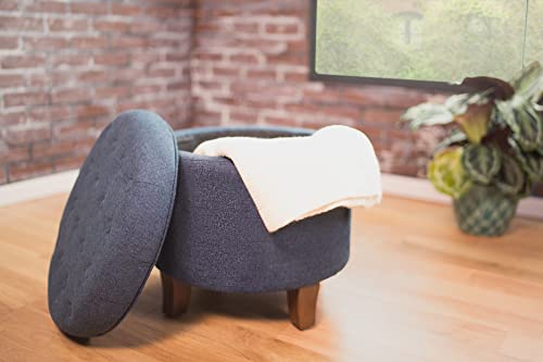 HomePop by Kinfine Fabric Upholstered Round Storage Ottoman - Velvet Button Tufted Ottoman with Removable Lid, Indigo Blue Woven - color: Indigo Blue Woven
