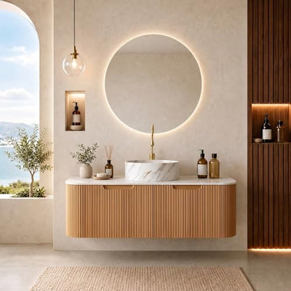 48” Floating Bathroom Vanity with Sink, Fluted Wall-Mounted Solid Wood Cabinet, Marble-Pattern Ceramic Round Basin, Faux Marble Top, Soft-Close Drawer, Pre-Assembled, Natural Woodgrain - color: 01 - Natural Woodgrain, size: 48"
