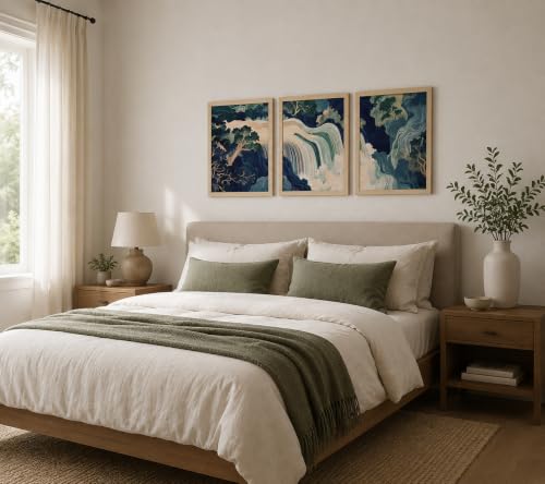 3Pcs Framed Canvas Murals Japanese Modern Landscape Blue Green Mountain And Water Abstract Nature Posters Art Gallery Living Room Office Home Wall 12x16 Inches Ready To Hang - color: Japanese-1, size: 12x16 Inch