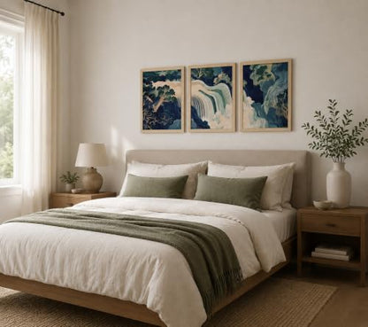 3Pcs Framed Canvas Murals Japanese Modern Landscape Blue Green Mountain And Water Abstract Nature Posters Art Gallery Living Room Office Home Wall 12x16 Inches Ready To Hang - color: Japanese-1, size: 12x16 Inch
