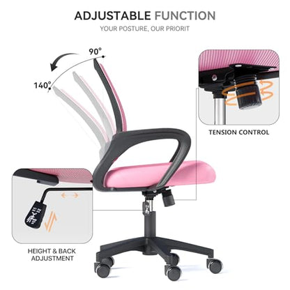 Office Chair, Ergonomic Mid-Back Mesh Desk Chair with Lumbar Support, Adjustable Height Computer Chair with Rolling Wheels Design,Comfy Armrest for Work, Study, Gaming, Pink - color: Pink