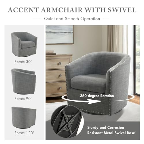 Madison Park Swivel Barrel Accent Chair, Upholstered Curved Back with 7-Inch Thick Woven Cushion, 360° Swivel, Nailhead Trim, Comfy Chair for Living Room, Bedroom, Office, 28" Wide, Grey, Tyler - color: Grey
