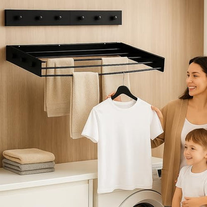 Wall Mounted Drying Racks for Laundry (31.5 Inches Wide) – Retractable Clothes Drying Rack wall Mounted with Carbon Steel Panel 6 Knobs & 5 Aluminium rods, Wall Drying Rack with Screws (Black) - color: Black