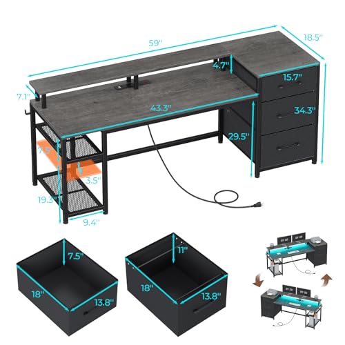 SEDETA 59" Office Desk with File Drawers, Reversible Computer Gaming Desk with Storage, LED Lights & Power Outlet, Home Office Desks for Printer, Grey - color: Grey, size: 59"