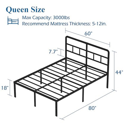 DiaOutro 18 Inch Metal Queen Bed Frame with Headboard Tall, Black | Heavy Duty Bed For Kids Adults, Steel Slat Supports No Box Spring Needed, Easy Assembly, Noise Free - size: Queen, style: 18 Inch