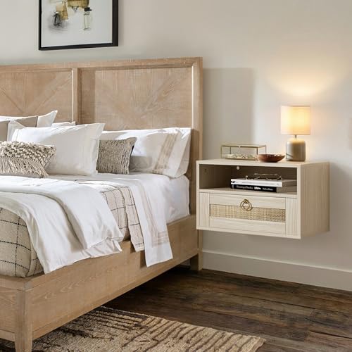 Floating Nightstand Set of 2 with Drawer for Wall Mounted Hanging Rattan Night Stand Bed Side Tables Wooden End Table Small Boho Dressers for Bedroom Farmhouse Shelves with Drawers