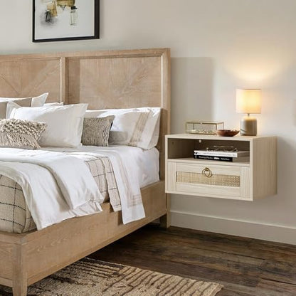 Floating Nightstand Set of 2 with Drawer for Wall Mounted Hanging Rattan Night Stand Bed Side Tables Wooden End Table Small Boho Dressers for Bedroom Farmhouse Shelves with Drawers