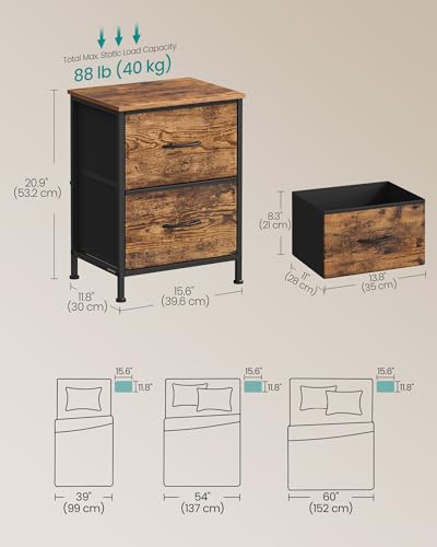 SONGMICS BELLAH Collection - Night Stand with 2 Drawers, Bedside Table, Side End Table, Nightstand for Bedroom, Industrial, Rustic Brown and Ink Black ULGS312B02S - color: Rustic Brown + Ink Black, size: 1 Pack