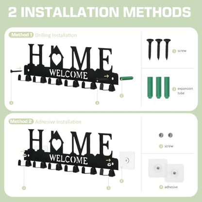 Key Holder Wall Mount, Adhesive Key Hanger with 12 Hooks, Black | Metal Material, 2 Mount Options, Compact Design, Cute Wall Decoration, Suit for Entryway, Doorway, Hallway, RV, Garage - style: 12 Hooks