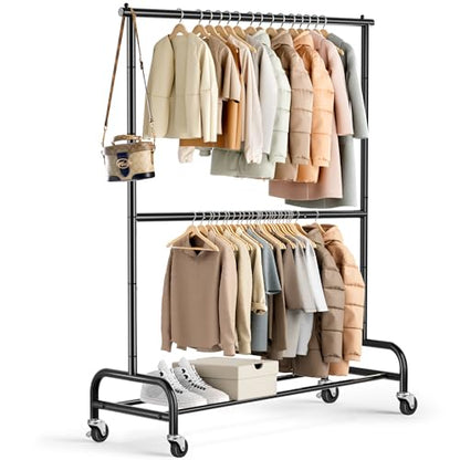 MISSLO Heavy Duty Clothing Racks for Hanging Clothes Rack Double Rod Garment Rack Rolling Closet Wardrobe Rack on Wheels, Metal, Adjustable, Black - color: Black