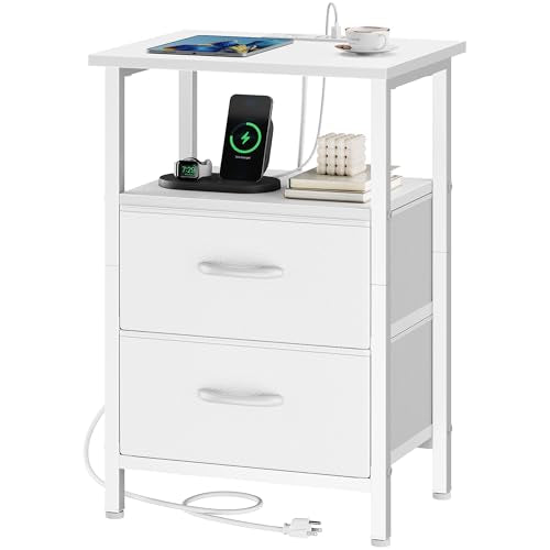 Nightstand with Charging Station, End Table with Fabric Drawers, Side Tables with Storage Shelf, 24.2" Tall Bedside Table with USB Ports & Outlets, Night Stand for Bedroom, White - color: White, size: 1 Piece, style: Ordinary