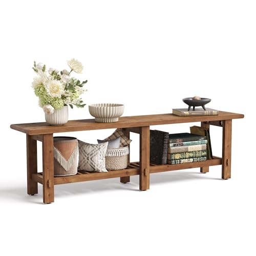 LITTLE TREE Solid Wood Entryway Shoe Bench, 63" Farmhouse Narrow End of Bed Bench with Storage Rack for Bedroom, Living Room, Entry Way, Front Door, Window, Hallway, Rustic Brown