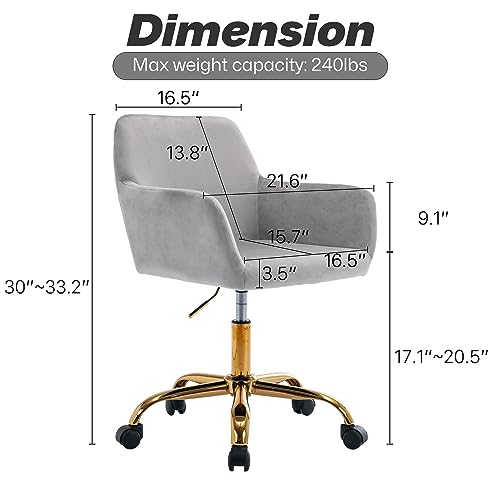 Velvet Makeup Vanity Chair,Home Office Desk Chair with Wheels, Gray | Fluffy Swivel Modern Armchair Upholstered Fuzzy Height Adjustable for Teens Women Girls Elegant for Living Room Bedroom - color: Grey