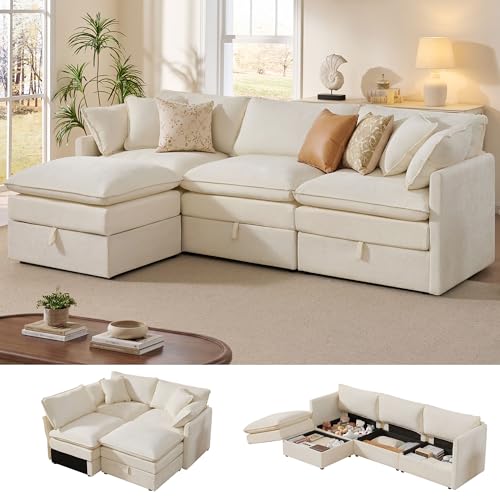 Ihanherry 103" Modular Sectional Sofa with Storage, L Shaped Cloud Couch with Movable Ottomans & 4 Pillows, Chenille Deep Seat Sectional Couches for Living Room, Apartment (Beige) - color: Beige, size: 103" L Shape