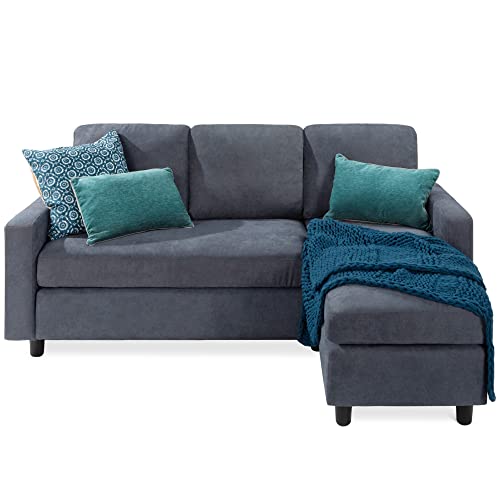 Best Choice Products Upholstered Sectional Sofa for Home, Apartment, Dorm, Bonus Room, Compact Spaces w/Chaise Lounge, 3-Seat, L-Shape Design, Reversible Ottoman Bench, 680lb Capacity - Blue/Gray - color: Linen - Blue/Gray