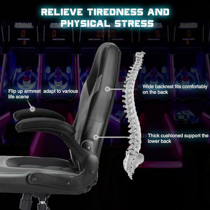 Sweetcrispy Computer Desk Chair, Lumbar Support Video Game Chair PU Leather | PU Leather Flip-up Armrest, Height Adjustable, 360 Swivel for Adults, Black Grey - color: Black Grey