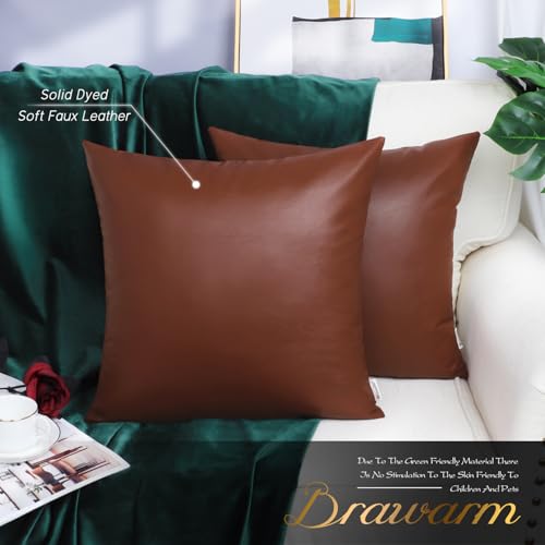 BRAWARM Faux Leather Throw Pillow Covers 16 X 16 Inches - Brown Leather Pilow Covers Pack of 2, Solid Dyed Leather Pillowcases for Couch Bed Sofa Garden Home Decorative - color: Brown, size: 16" x 16" (Pack of 2)