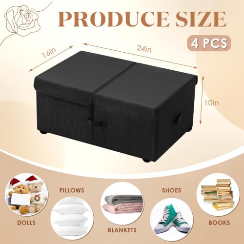 바퀴가 있는 침대 아래 보관함, 25.4cm(10인치) 높이 65L 대용량 접이식 침대 밑 보관함, 뚜껑 및 손잡이, 의류 담요 신발용 침대 밑 용기 아래 쉽게 조립할 수 있습니다 - color: 블랙., size: 65 L
