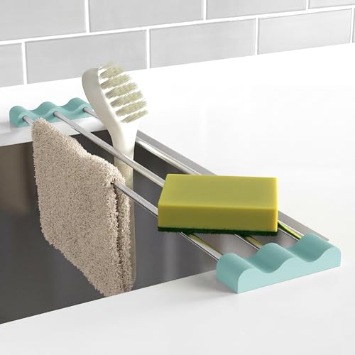 Tomorotec Adjustable Over-The-Sink Kitchen Rack, BPA-Free, Light Cyan | Holds 16.5 Lbs; For Dishcloths, Sponges, and Brushes - Heat-Resistant Stainless Steel with Slim, Expandable Design - color: Light Cyan