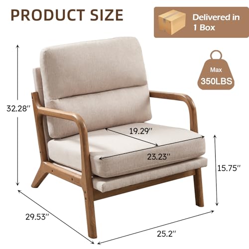 IOMOR Mid Century Modern Accent Chair, Linen Fabric Upholstered Lounge Armchair with Solid Wood Frame and Soft Cushion for Living Room, Bedroom (1, Linen Beige) - color: Linen Beige