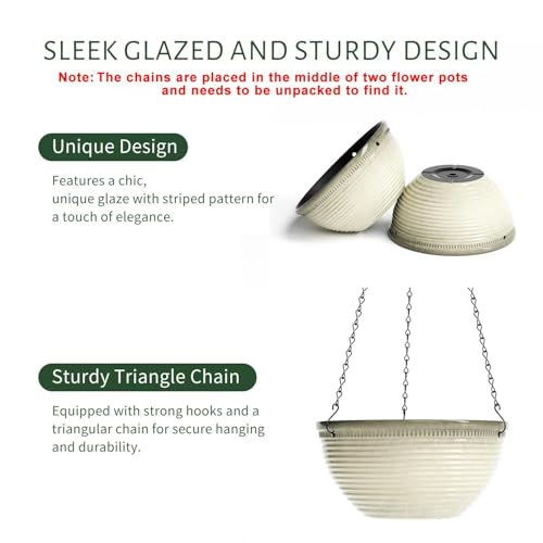 10Inch Hanging Planters Outdoor Indoor, Glazed Hanging Basket with Drainage | Ceramic-Look Hanging Flower Pots with Chain,Plastic Plant Hanger for Patio Garden Decor, Off-White - color: Off-white, size: 10inch