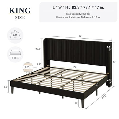 Allewie King Size Velvet Bed Frame/Vertical Channel Tufted Wingback Headboard/Upholstered Platform Bed/Strong Wooden Slats/No Box Spring Needed/Easy Assembly/Black - color: Black, size: King